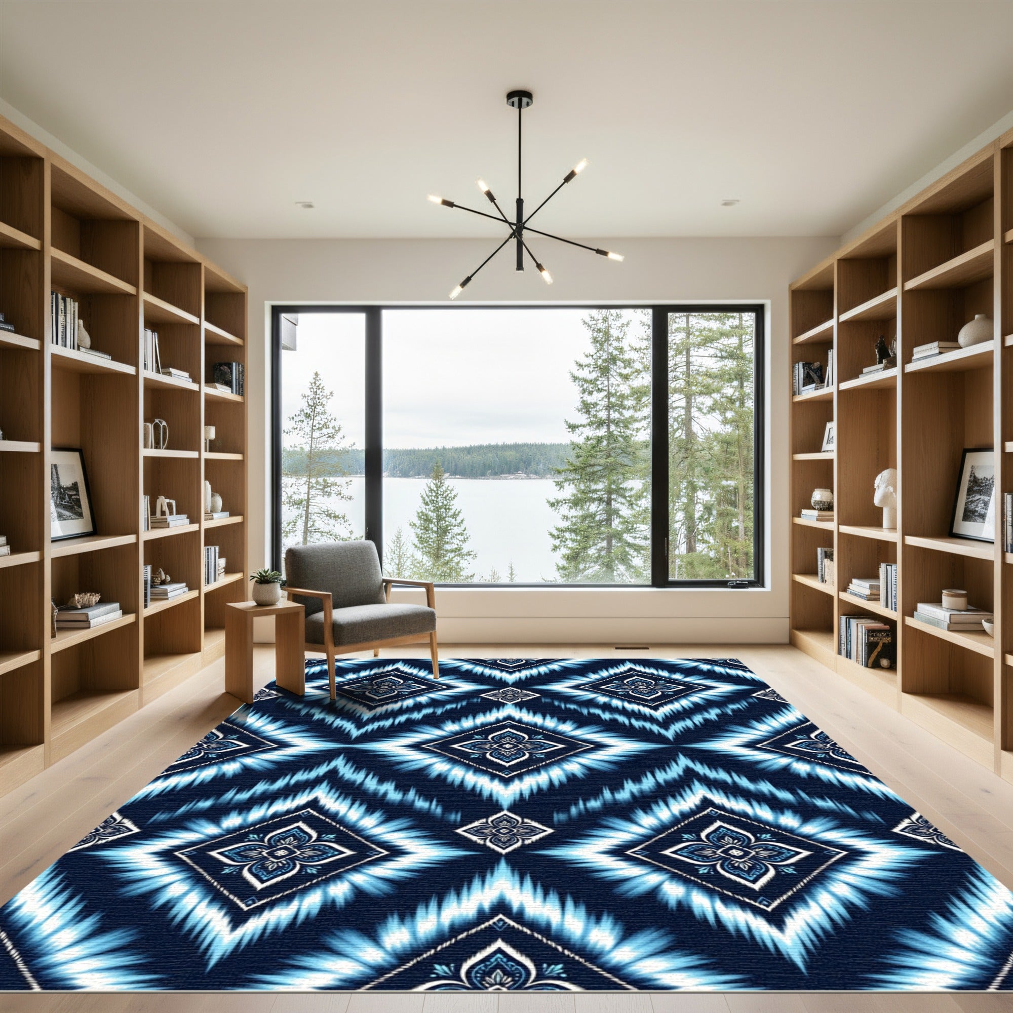 Deep Blue White Ikat Diamond Medallion Rug