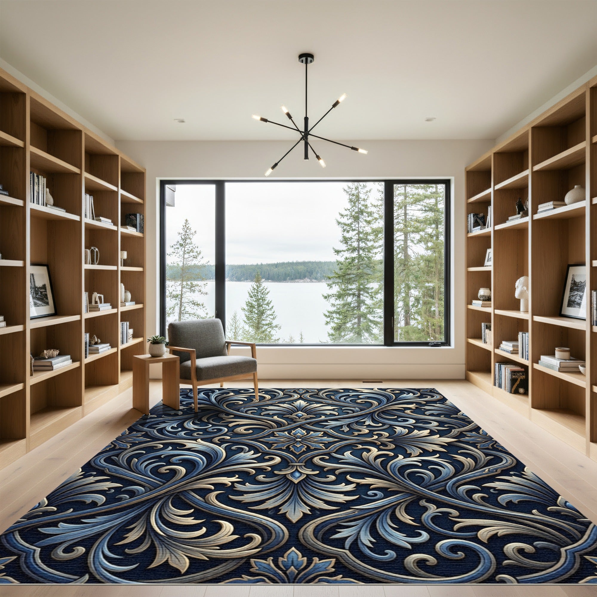 Elegant Blue Gold Ornate Damask Rug