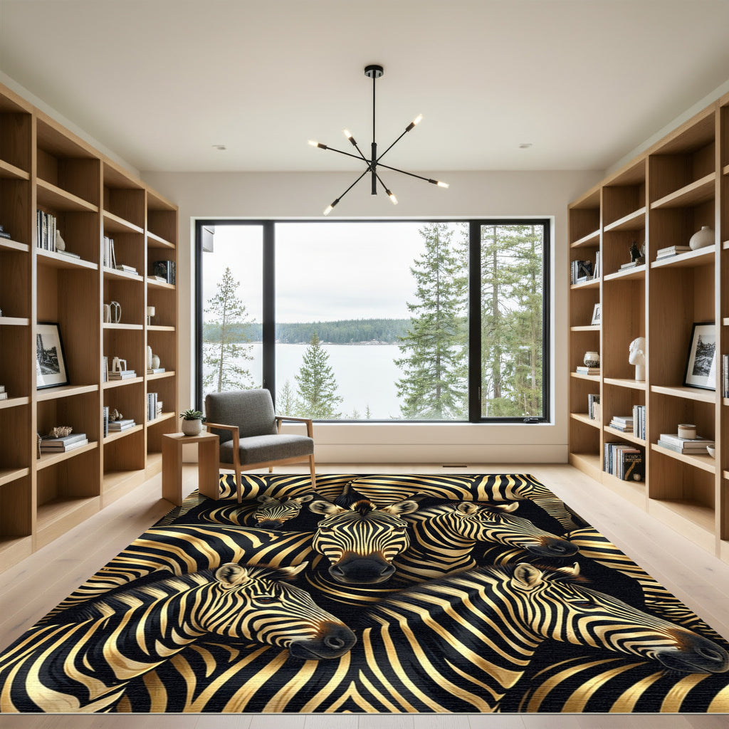 Black Gold Zebra Herd Portrait Rug