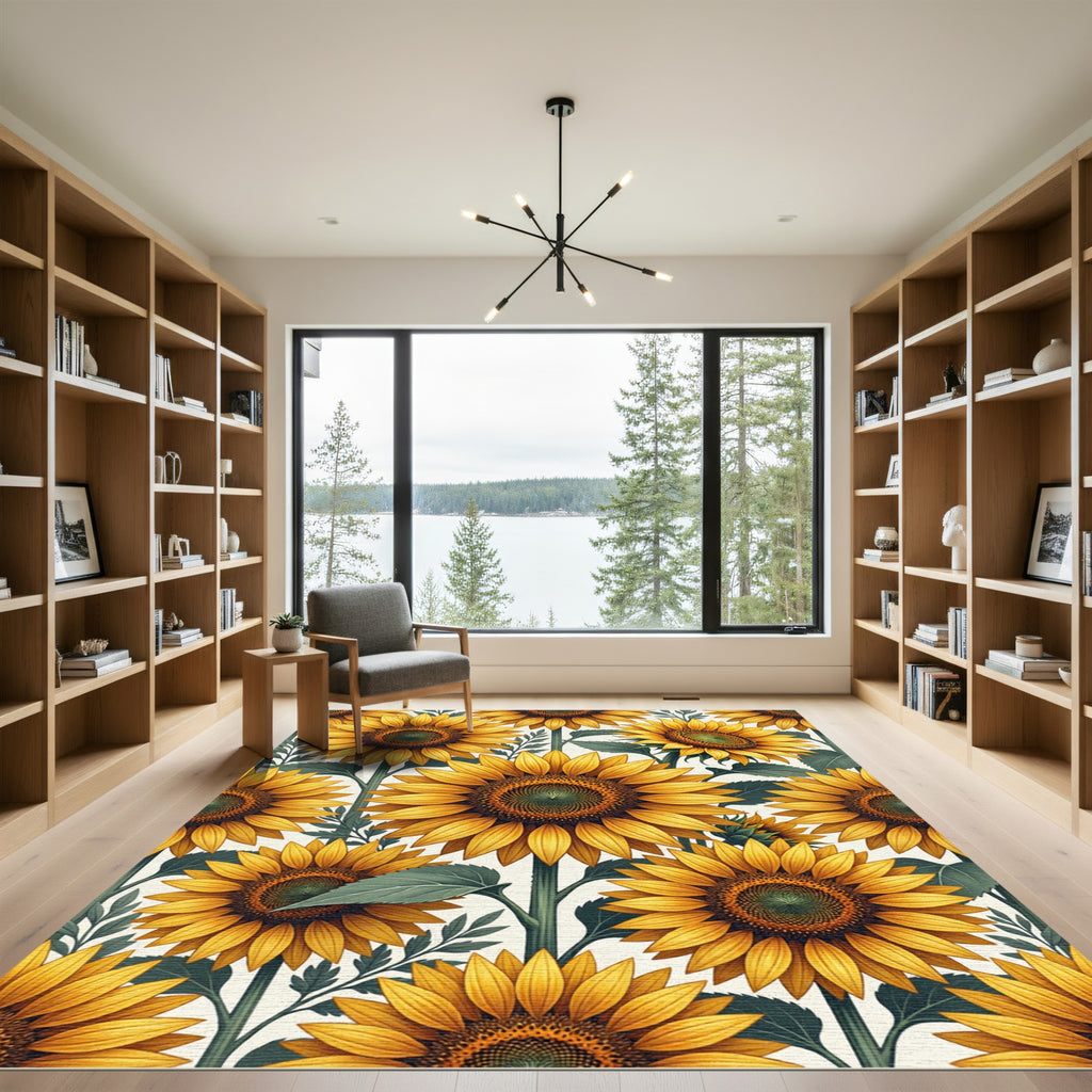 Sunlit Yellow Sunflower Botanical Illustration Rug