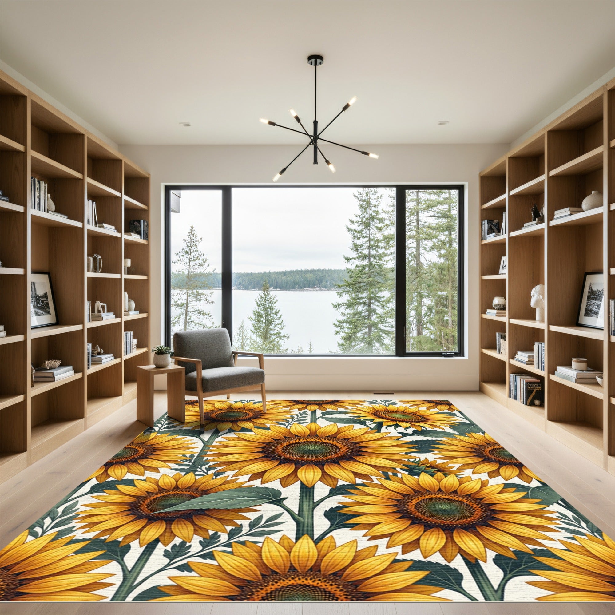 Sunlit Yellow Sunflower Botanical Illustration Rug