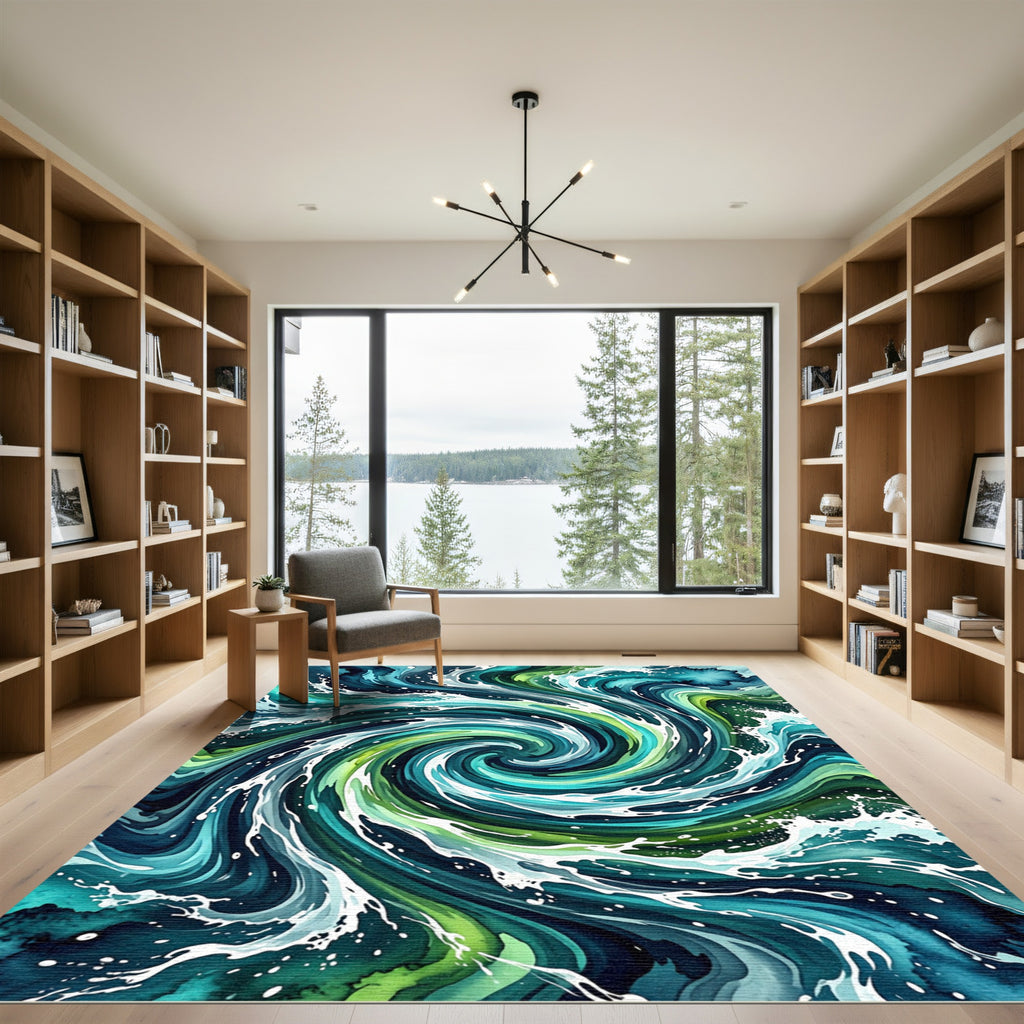 Abstract Teal and Emerald Ocean Swirl Rug