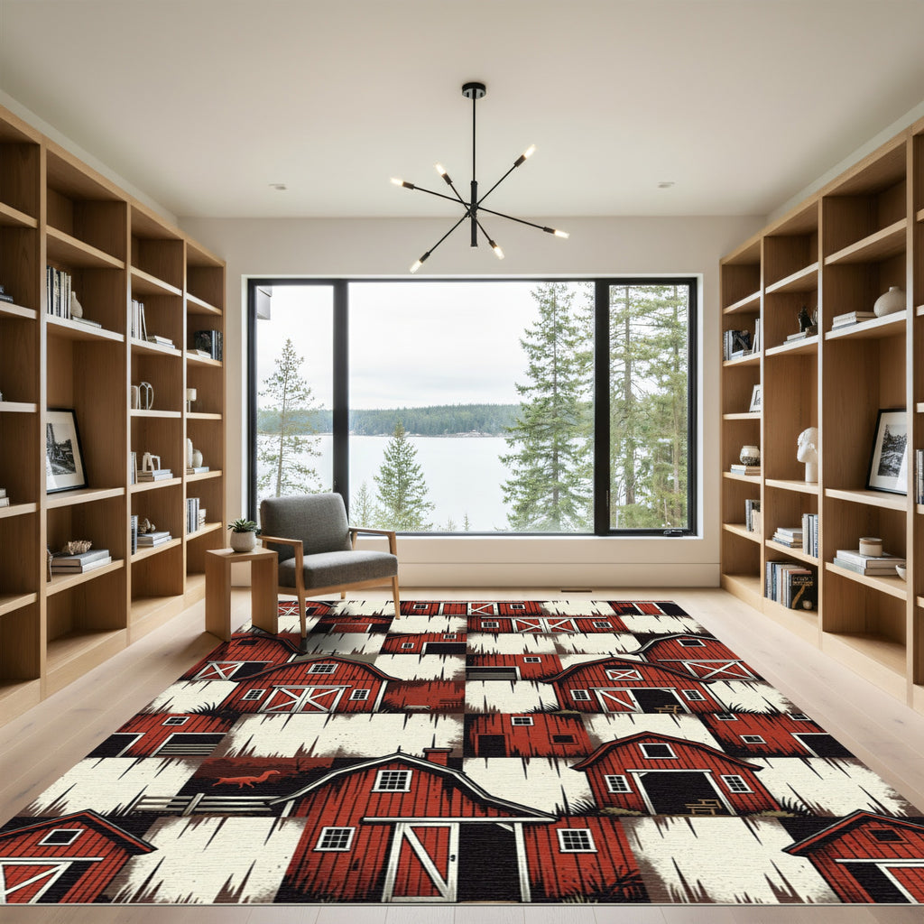 Red Farmhouse Barn Scattered Collage Rug