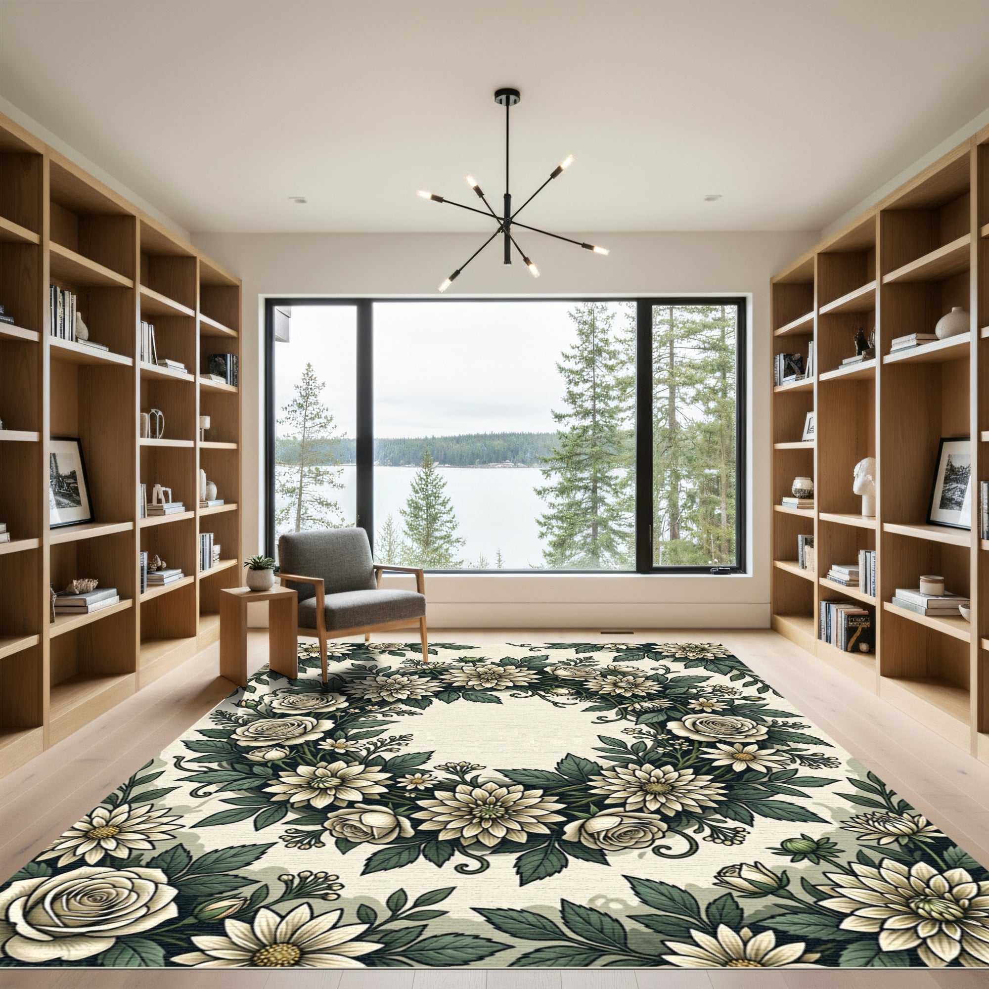 Cream Floral Wreath Botanical Tapestry Rug