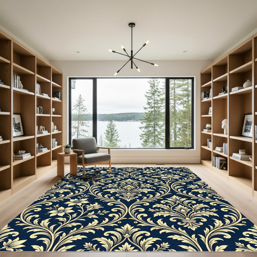 Navy Blue Golden Ornate Damask Scroll Rug