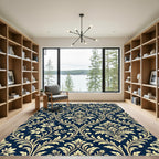 Navy Blue Golden Ornate Damask Scroll Rug