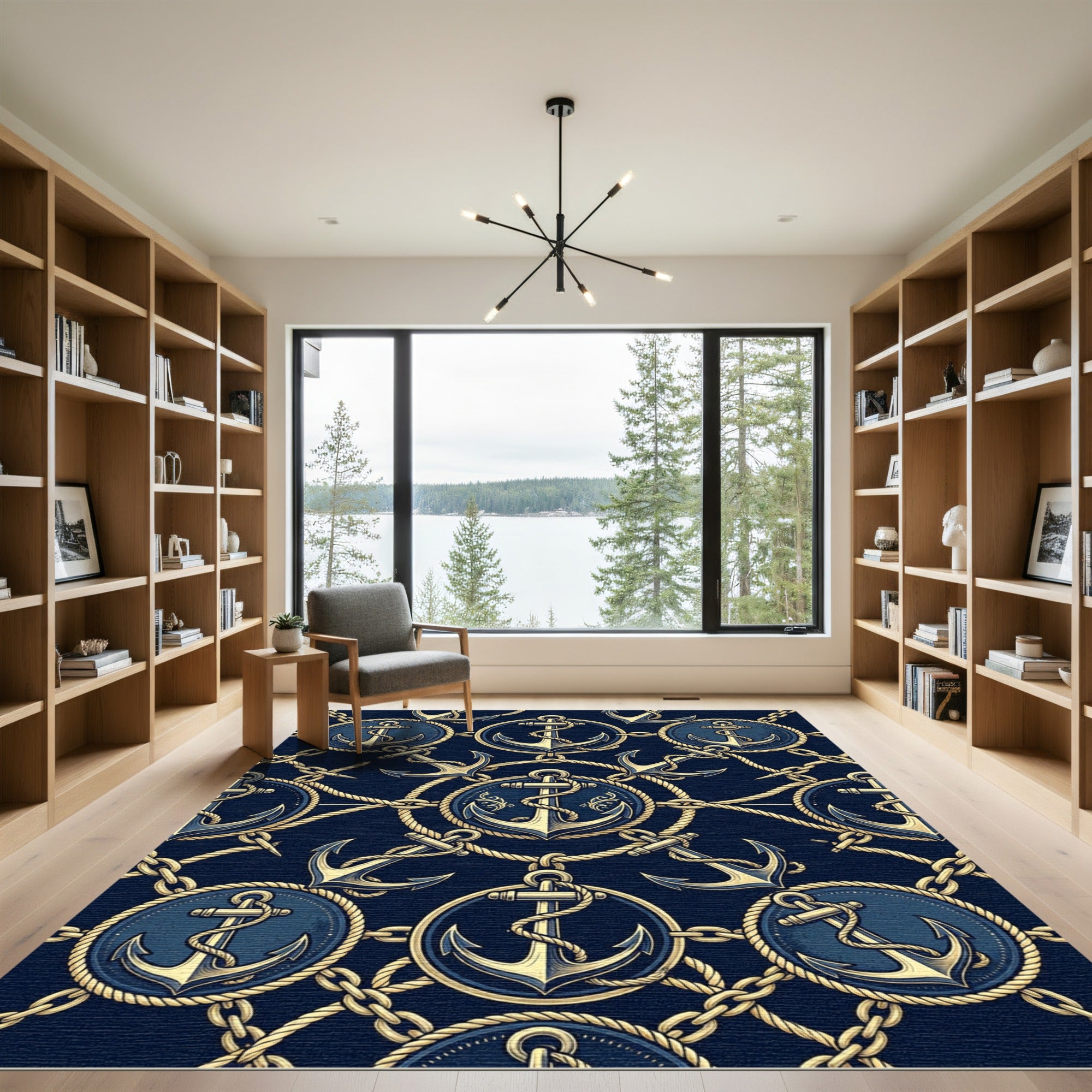 Navy Gold Nautical Anchor Chain Rug