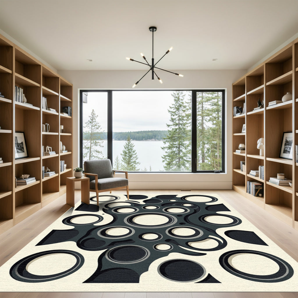 Monochrome Abstract Organic Circle Composition Rug