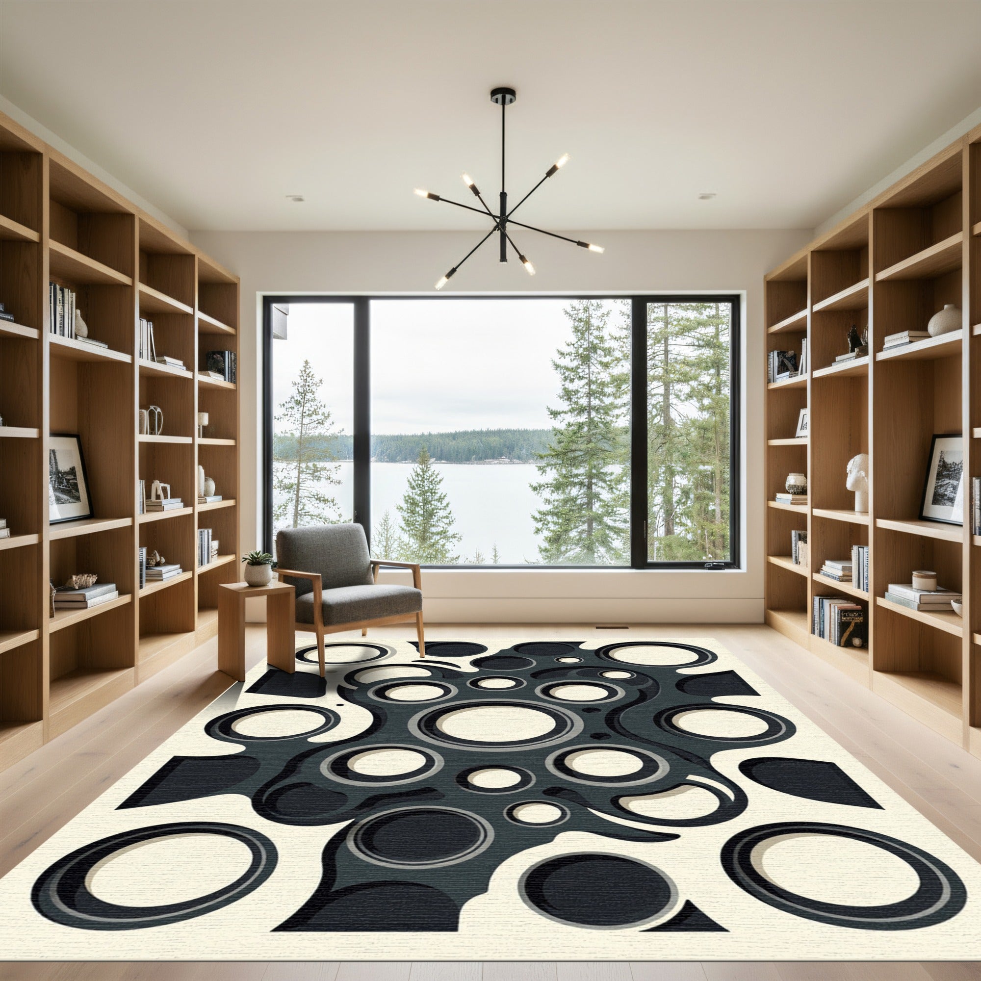 Monochrome Abstract Organic Circle Composition Rug