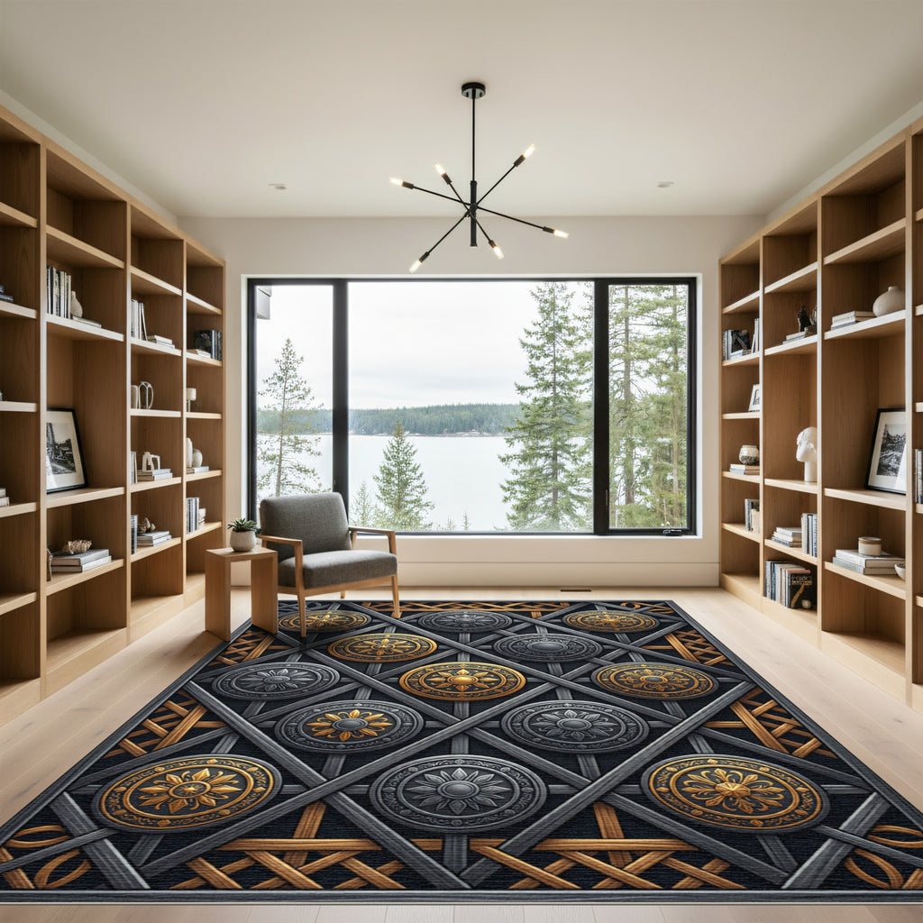 Metallic Gold and Silver Geometric Medallion Rug