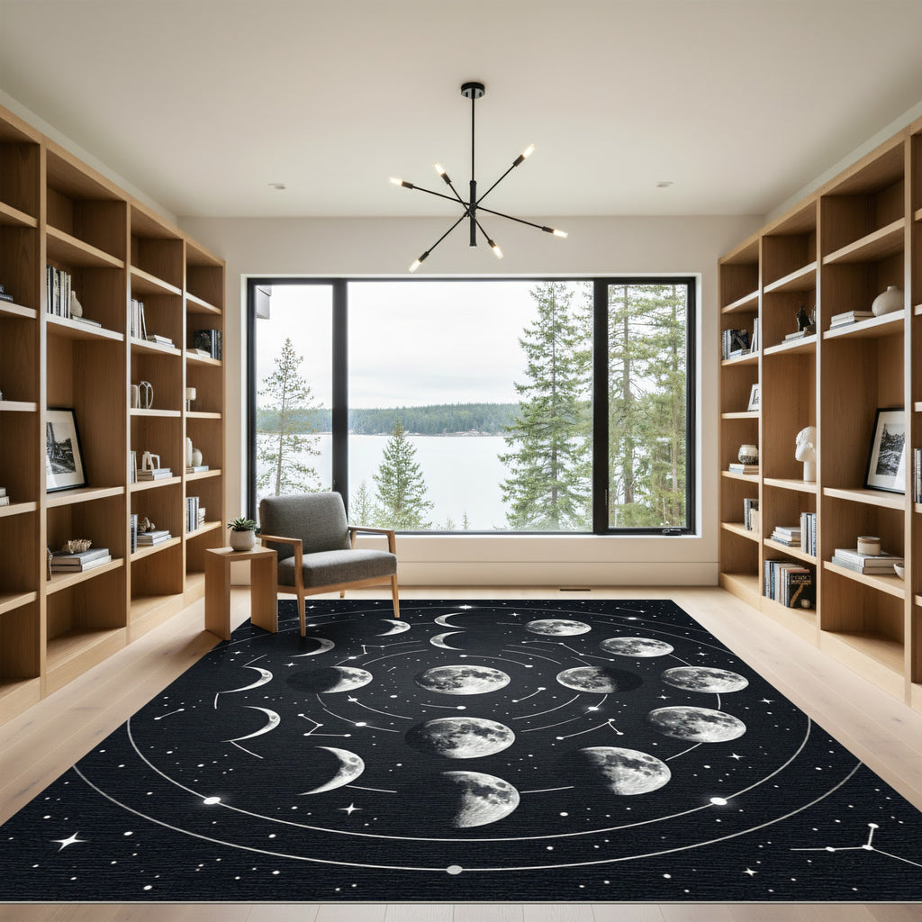 Celestial Monochrome Moon Phase Map Rug