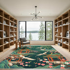 Emerald Asian Crane and Cherry Blossom Rug