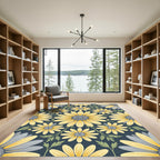 Sunny Yellow Daisy Floral Navy Medallion Rug