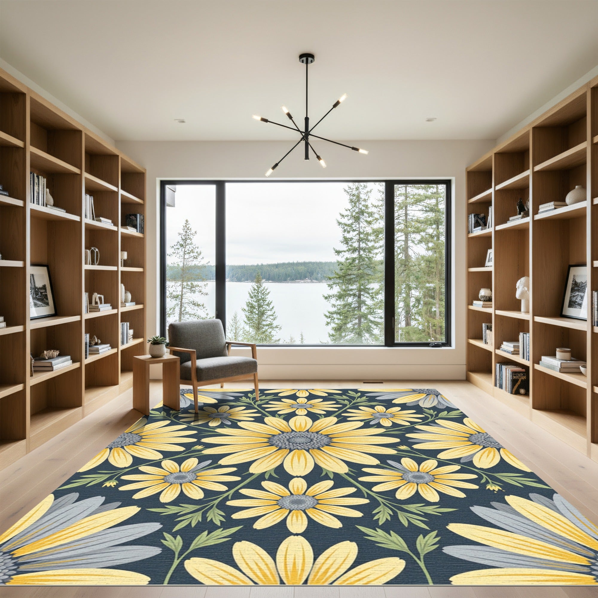 Sunny Yellow Daisy Floral Navy Medallion Rug