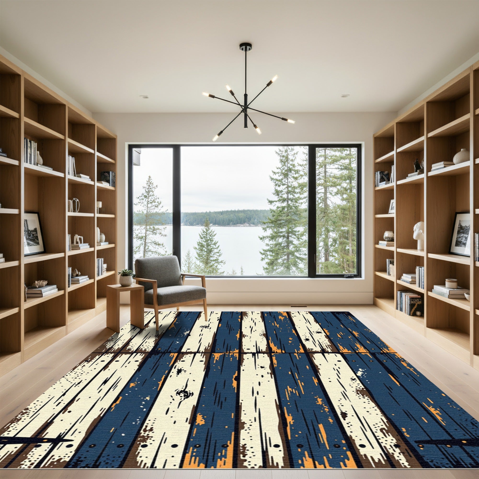 Rustic Navy and Cream Weathered Plank Rug