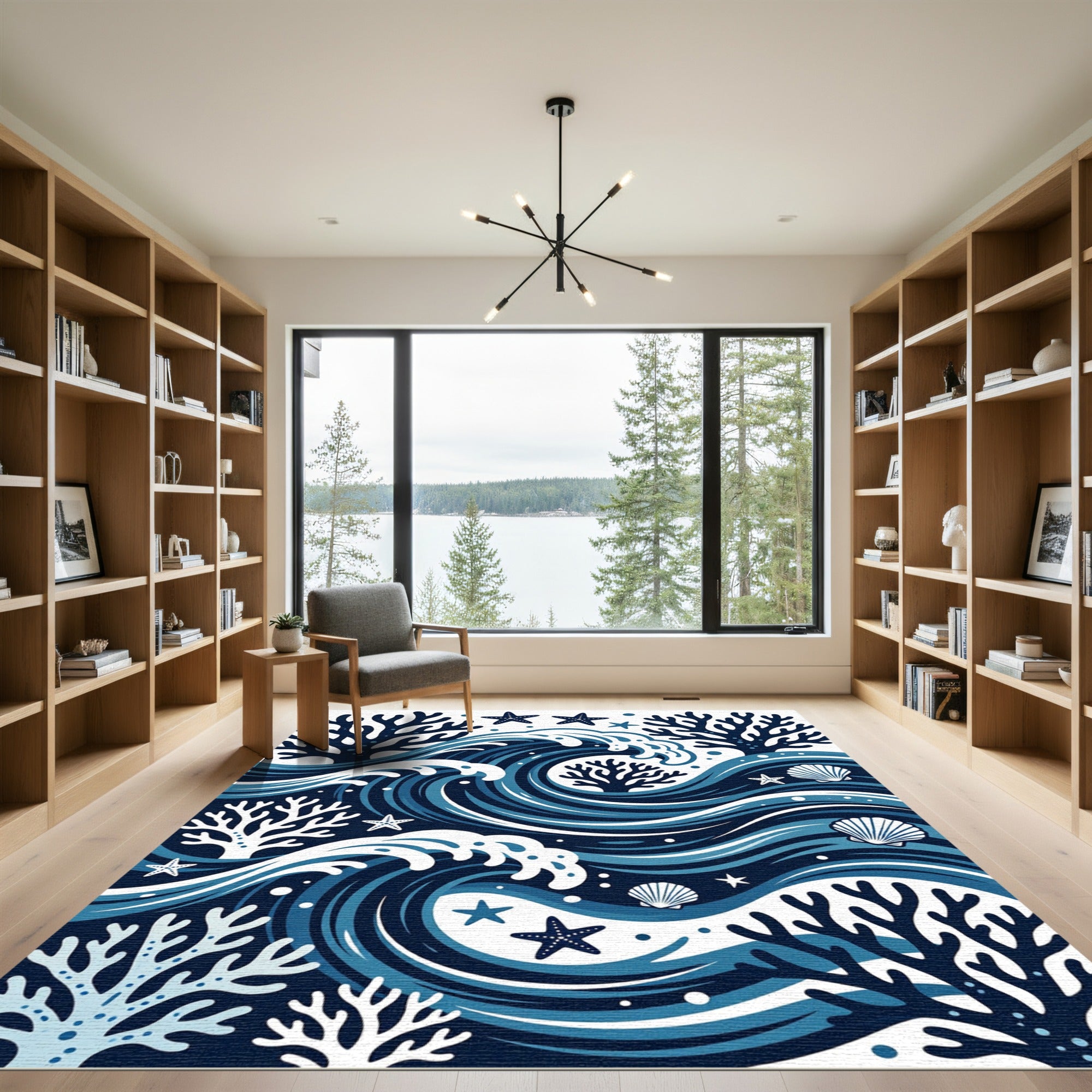 Coastal Deep Blue Coral Wave Rug