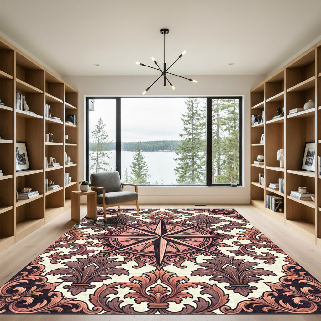 Coral And Brown Baroque Compass Rug
