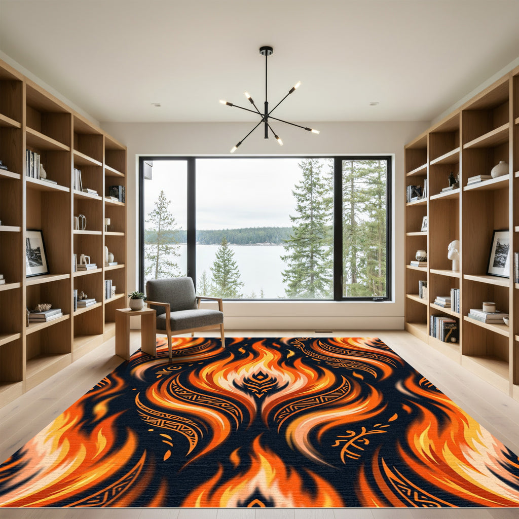 Fiery Orange Tribal Flame Accents Rug