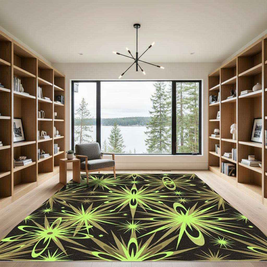 Midcentury Atomic Lime Green Starburst Rug