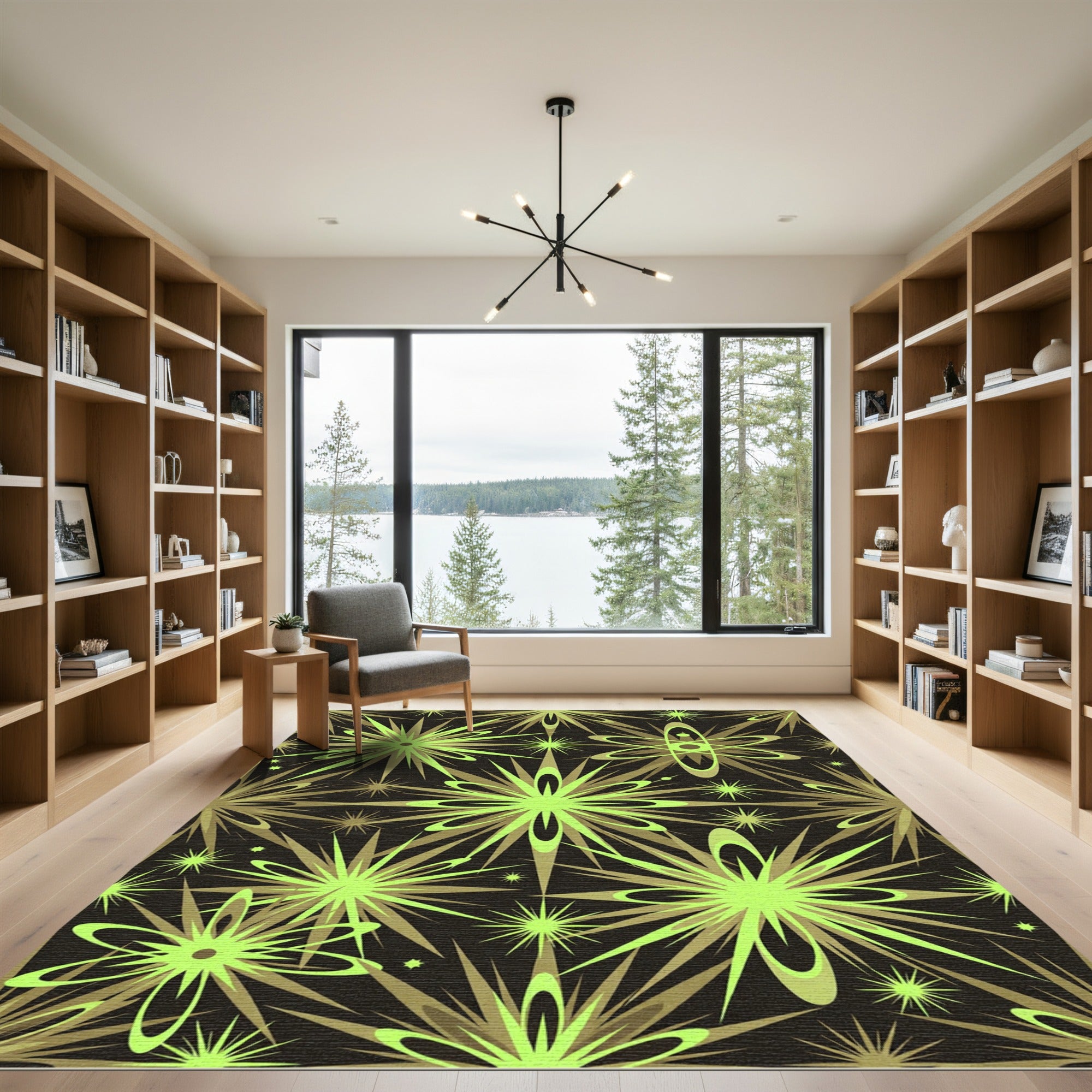 Midcentury Atomic Lime Green Starburst Rug