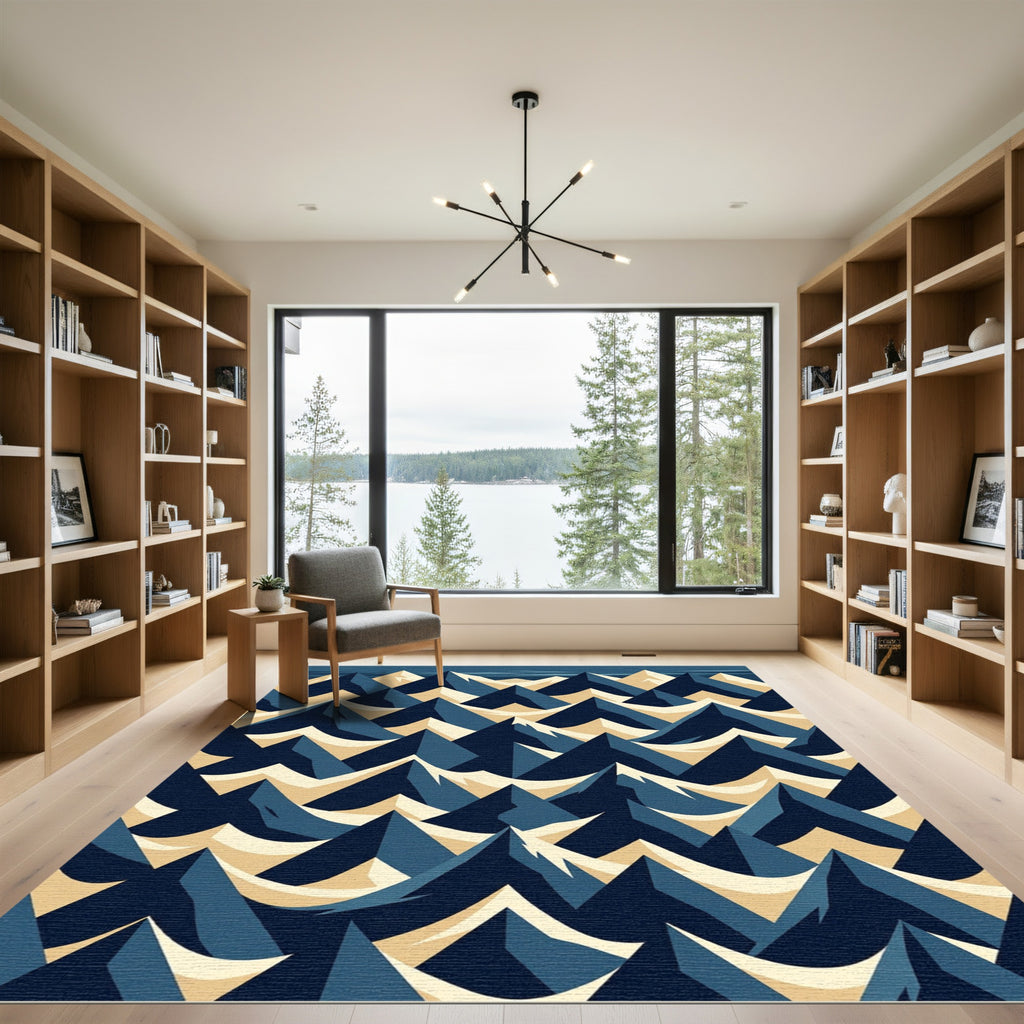 Geometric Navy and Cream Mountain Peak Rug