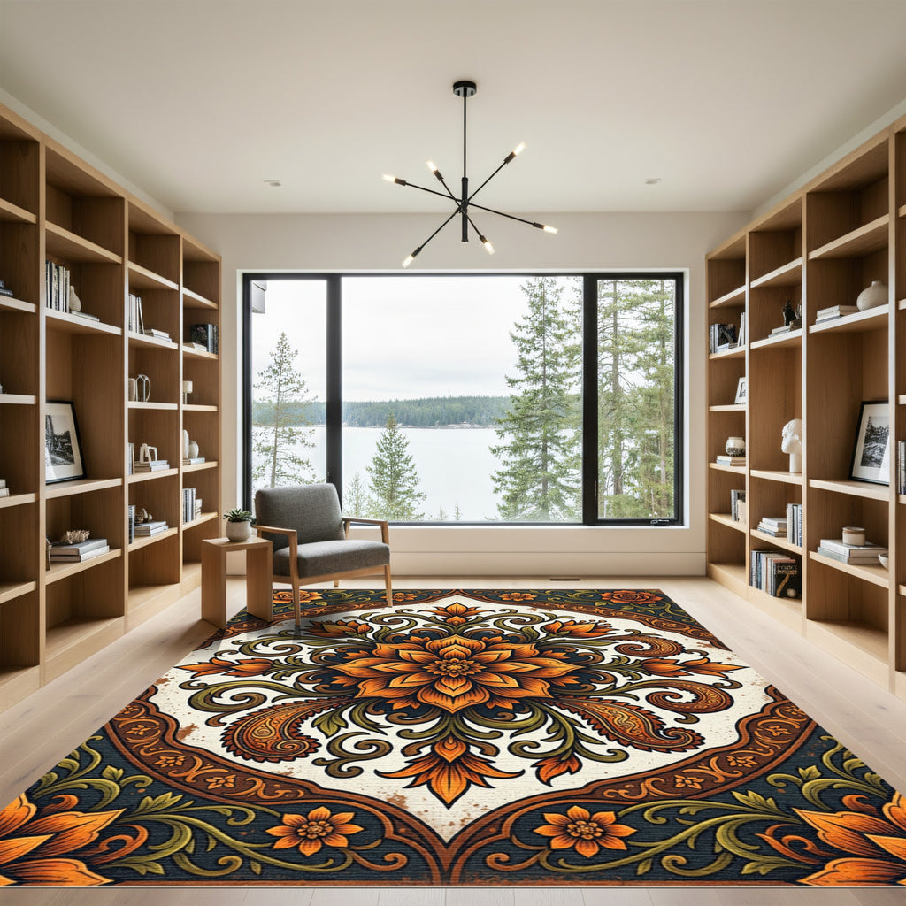 Elegant Autumn Orange Floral Medallion Rug