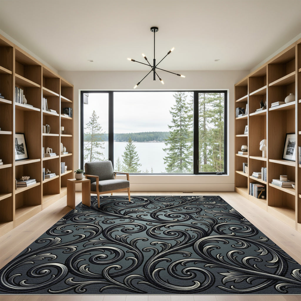 Ornate Dark Gray Acanthus Scroll Rug