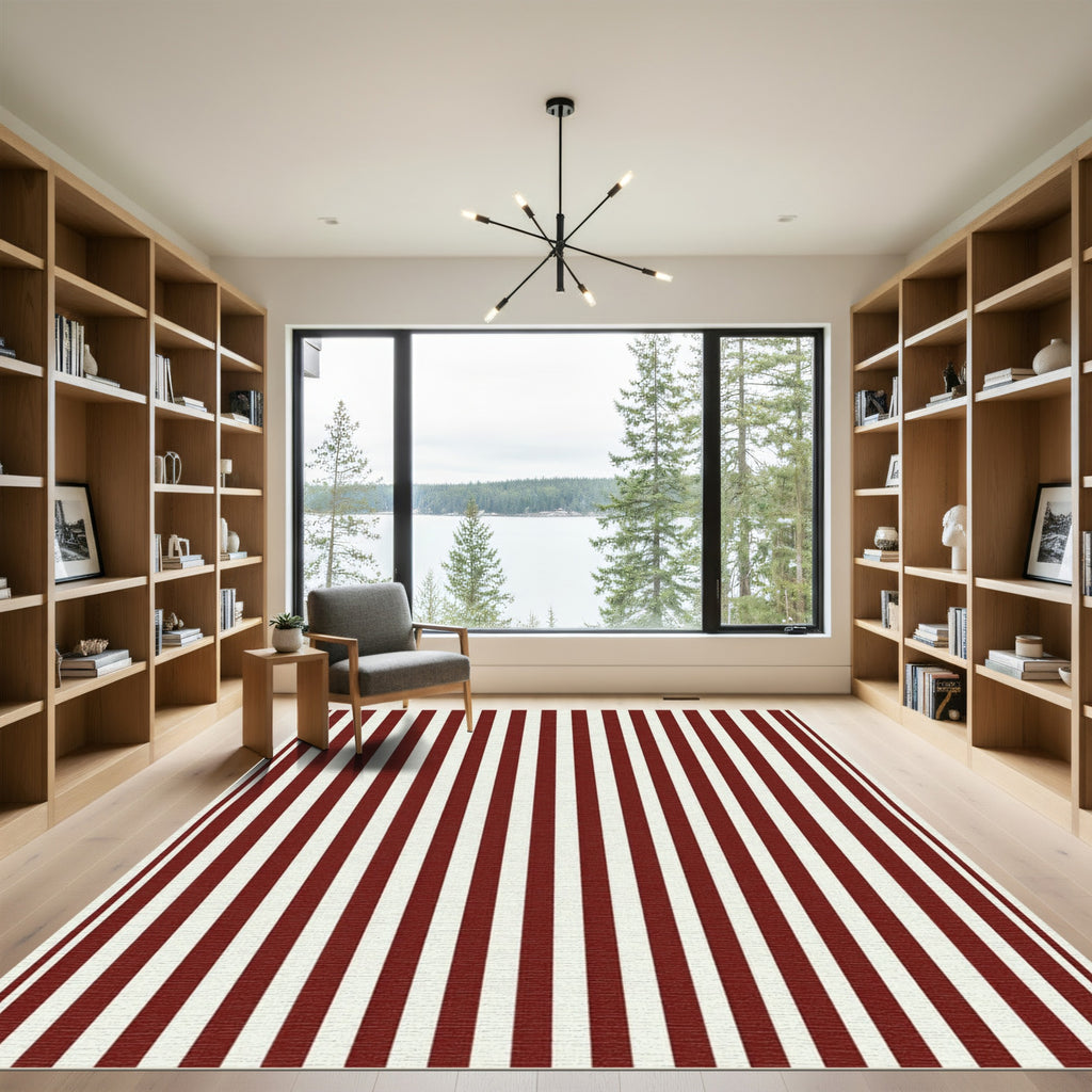 Bold Crimson White Vertical Stripes Rug
