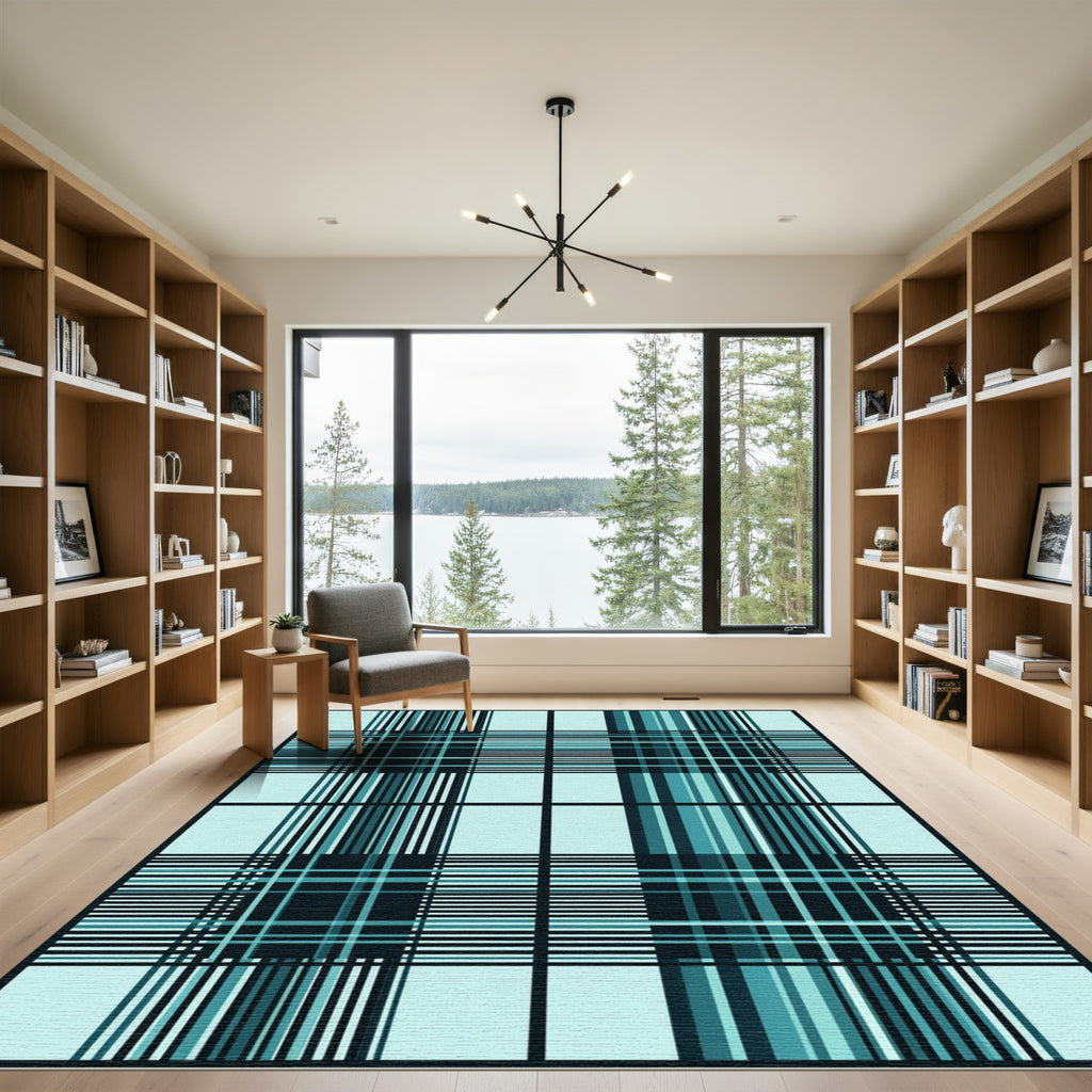 Aqua Teal Plaid Grid Lines Rug