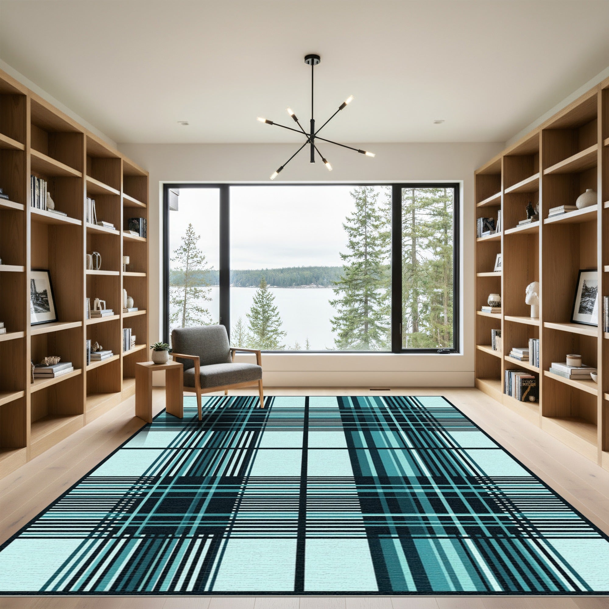 Aqua Teal Plaid Grid Lines Rug