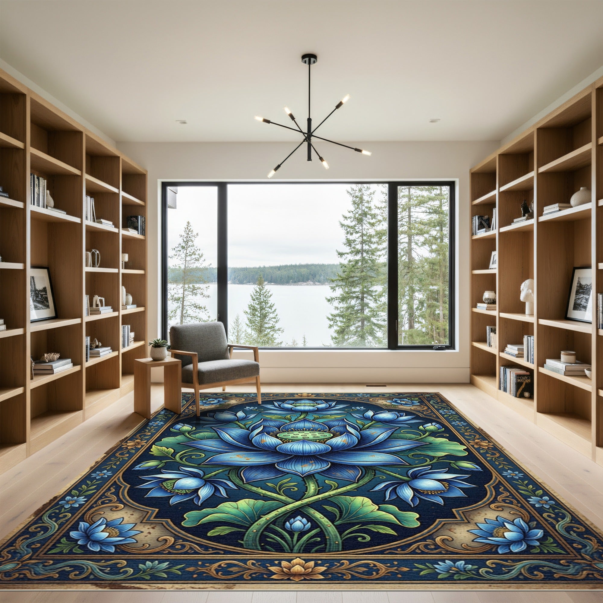 Ornate Blue Lotus Botanical Art Rug