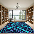 Electric Blue Neon Circuit X Geometry Rug