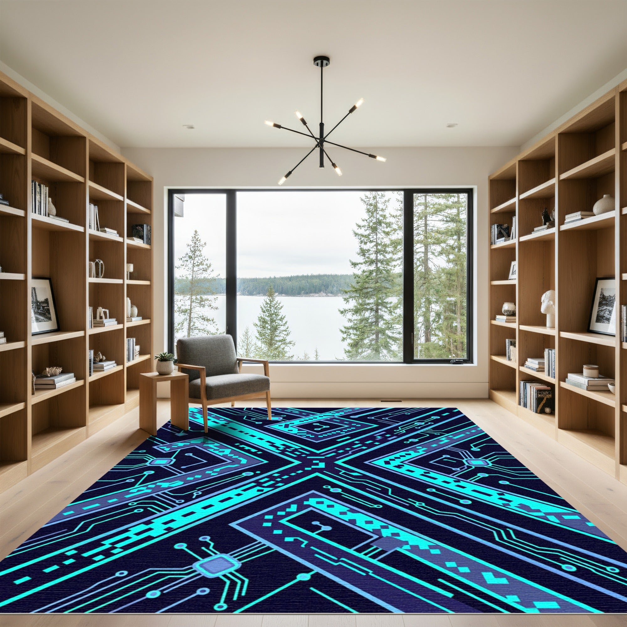 Electric Blue Neon Circuit X Geometry Rug