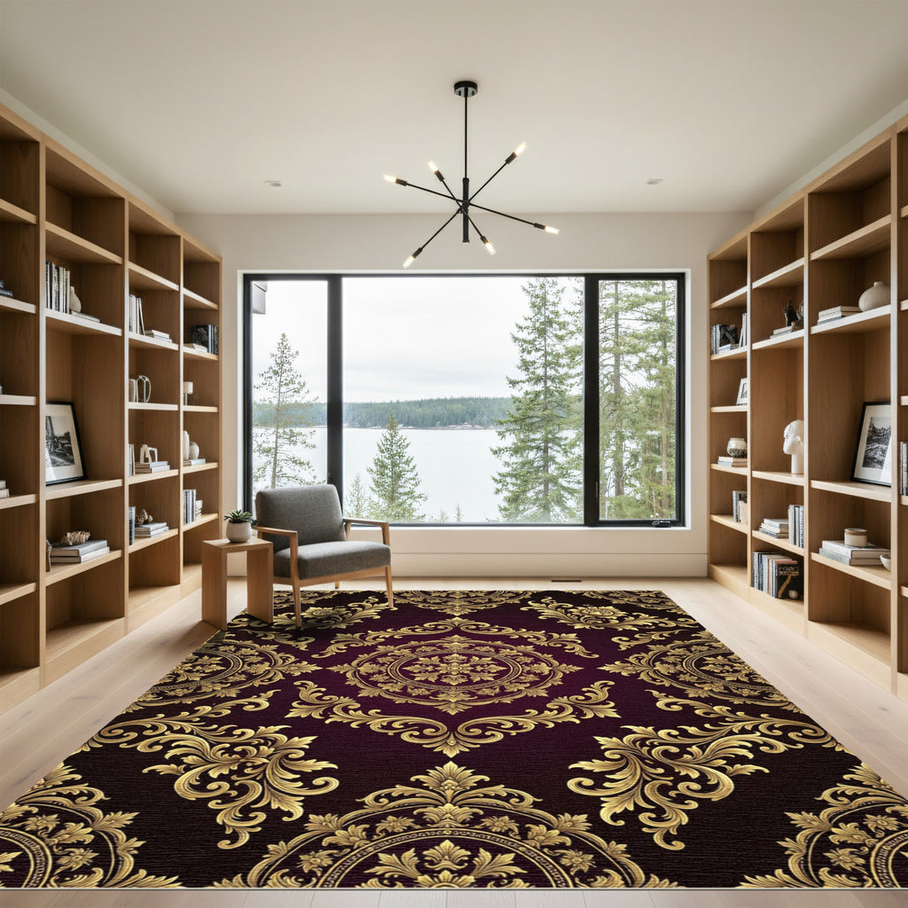 Elegant Gold Ornate Damask Burgundy Rug