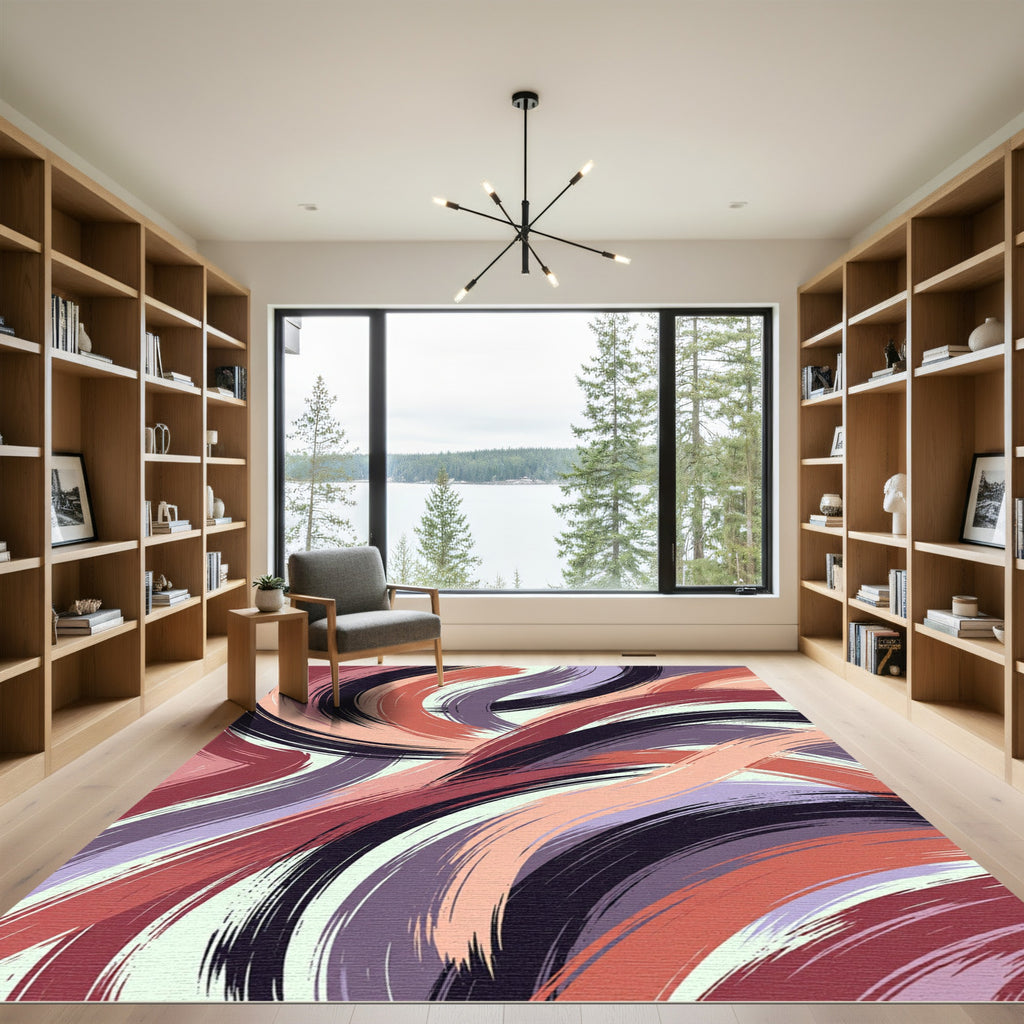 Abstract Swirling Crimson and Lavender Brushstroke Rug
