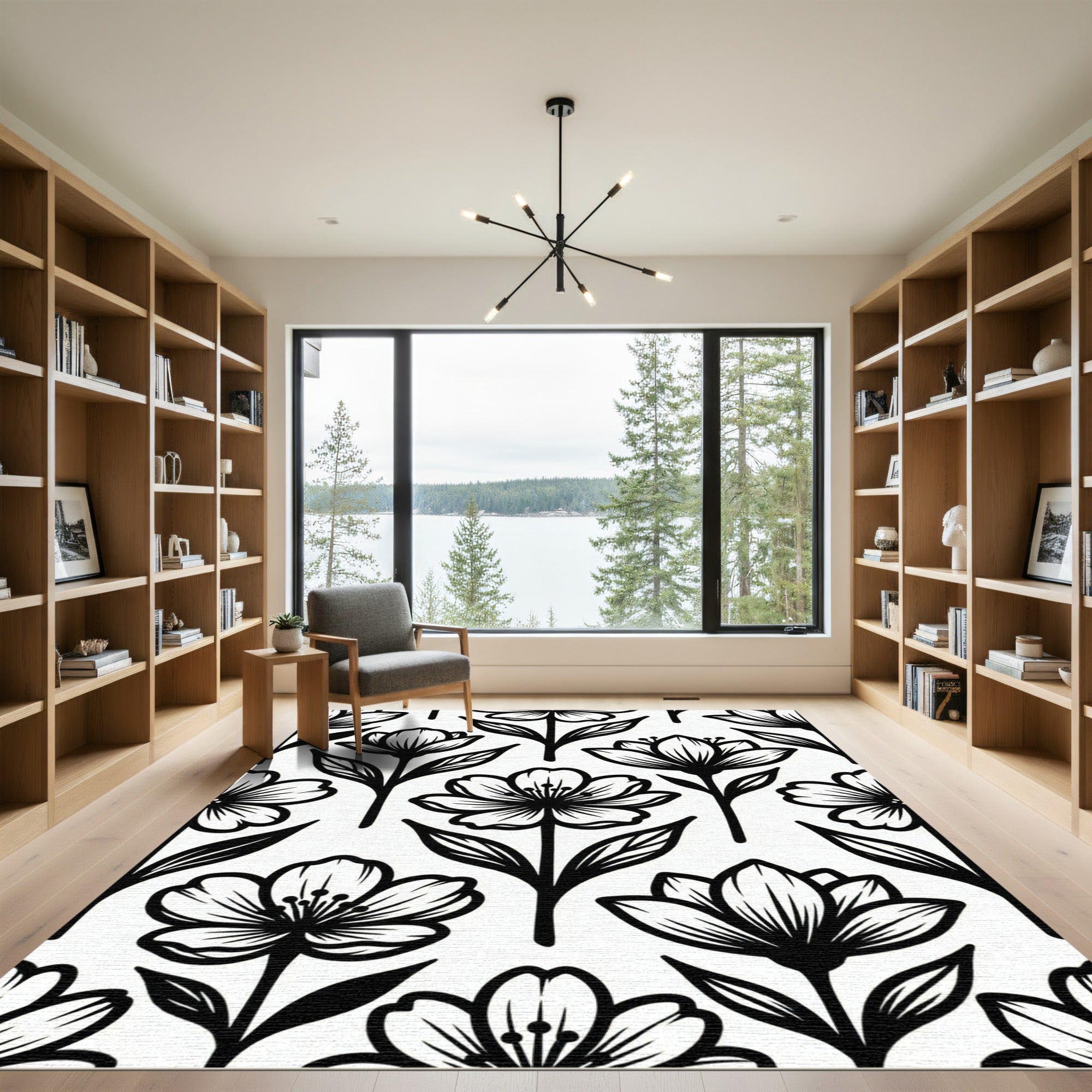 Black and White Floral Botanical Rug