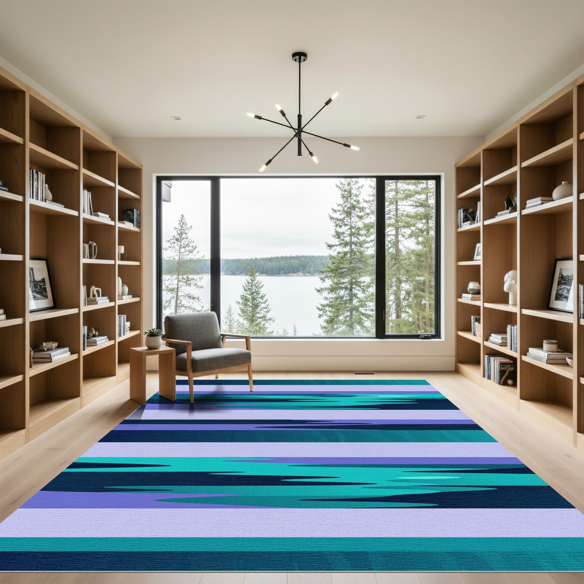 Modern Teal Blue Gradient Linear Art Rug