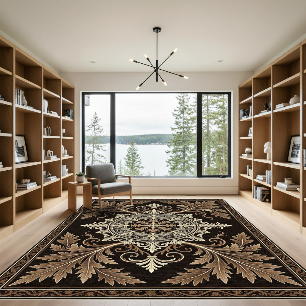 Elegant Bronze Acanthus Scroll Medallion Rug