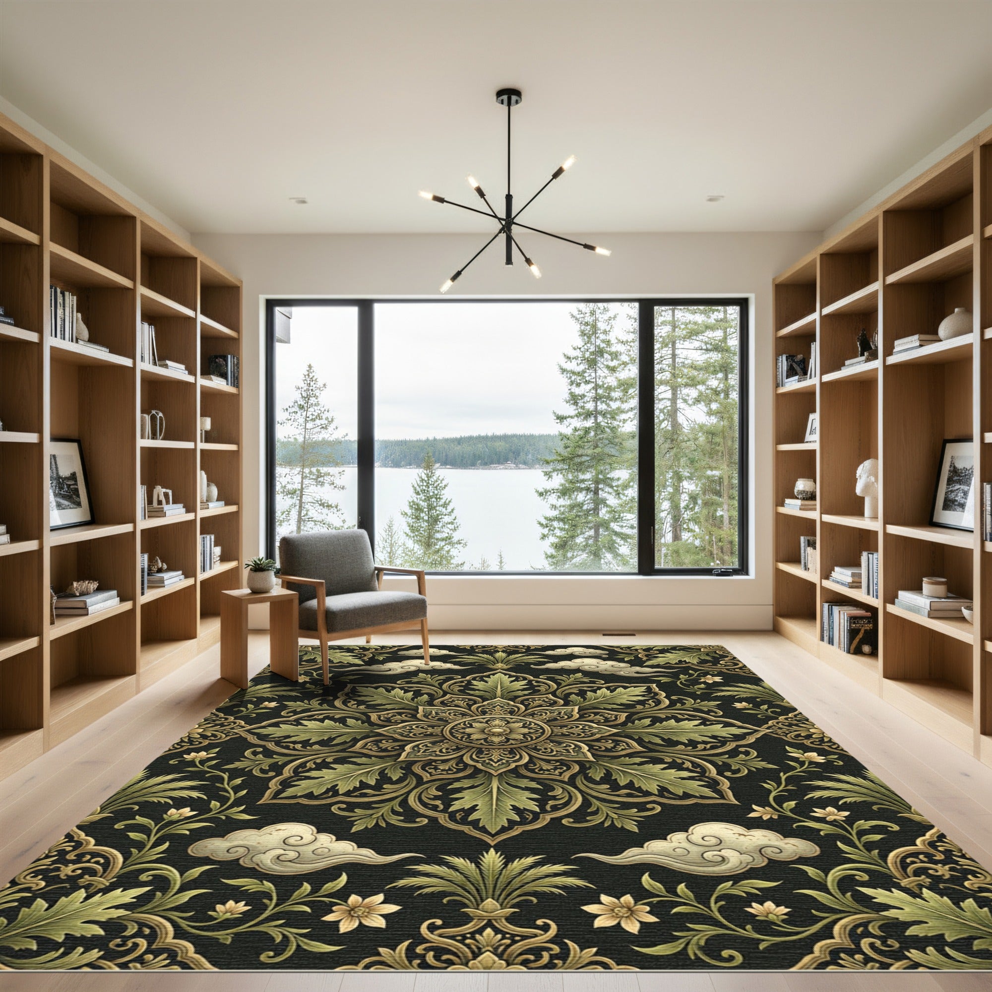 Ornate Olive Gold Floral Medallion Rug