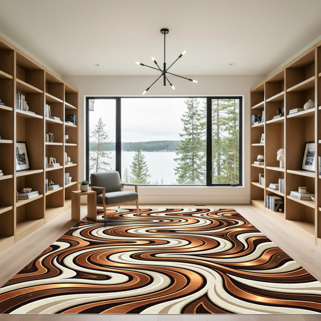 Lustrous Bronze Wave Cream Swirl Rug
