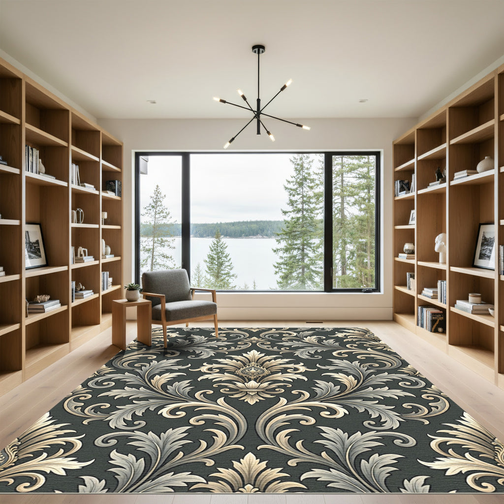 Ornate Gold Leaf Scrollwork Damask Rug