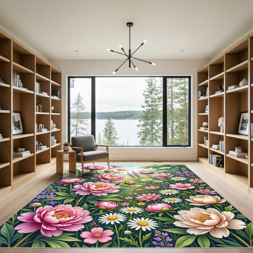 Lush Pink Peony Garden Floral Rug