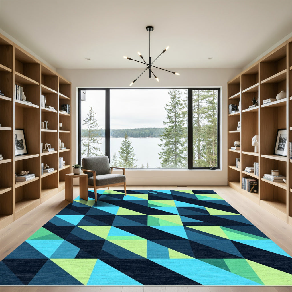 Geometric Blue and Lime Abstract Mosaic Rug