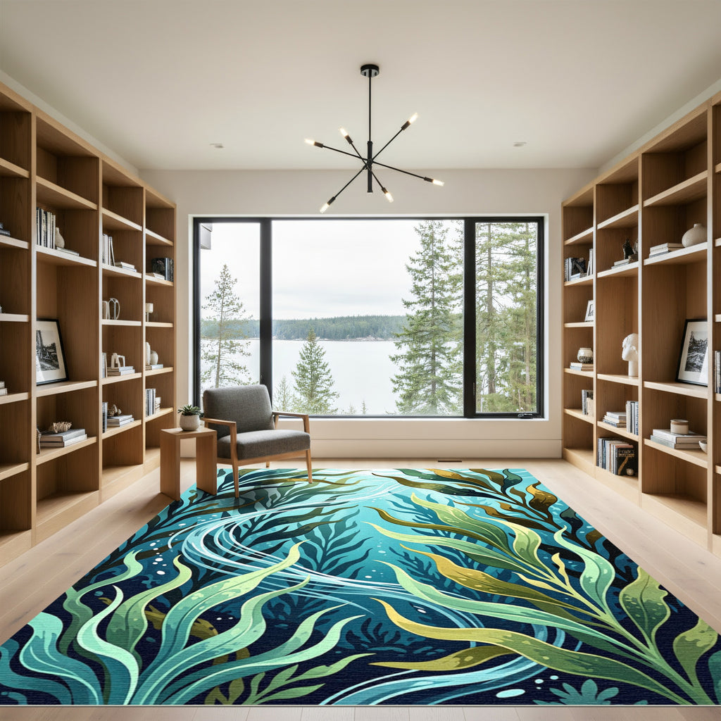 Serene Blue Underwater Kelp Forest Rug