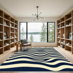Abstract Cream and Navy Wavy Lines Rug
