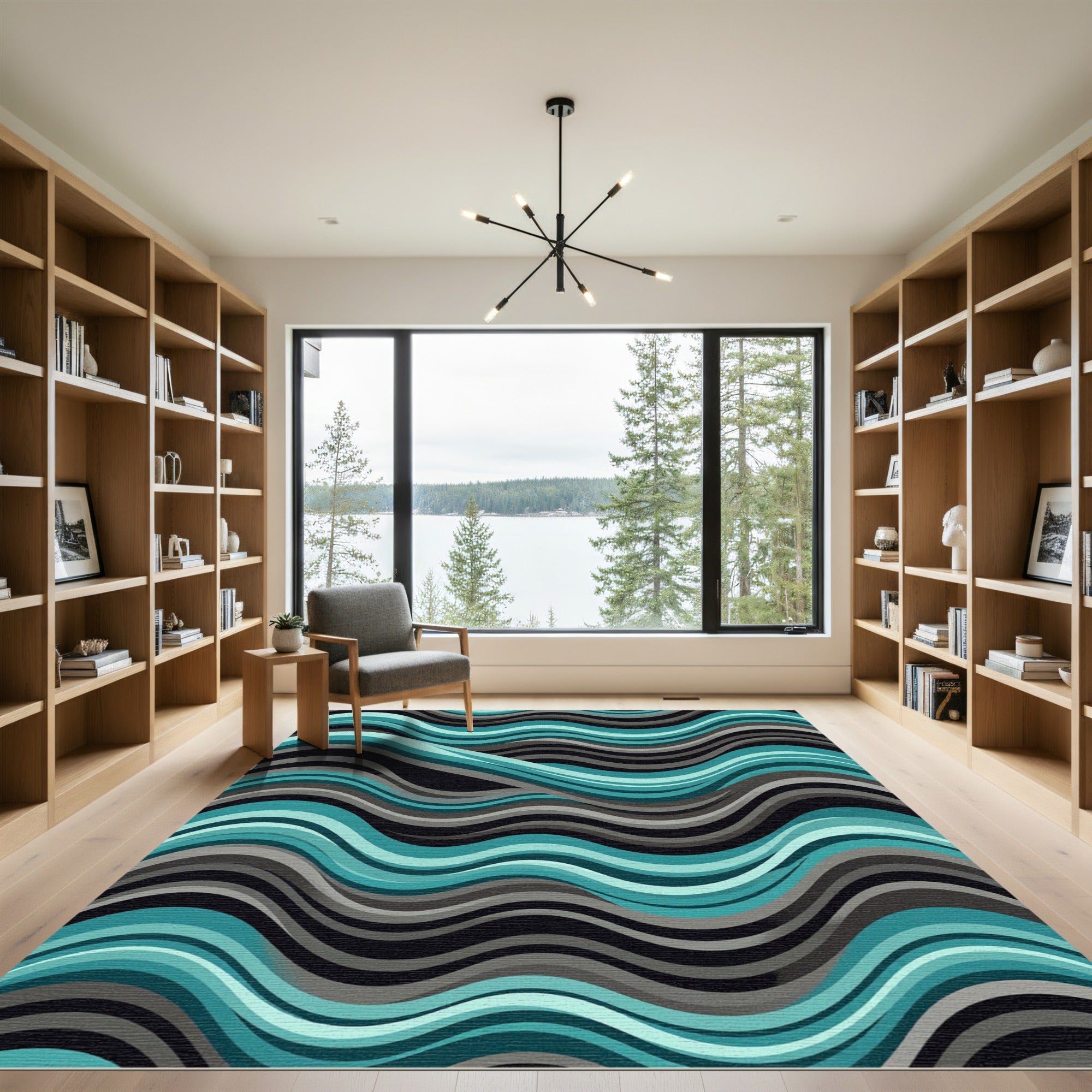 Teal and Grey Flowing Abstract Waves Rug