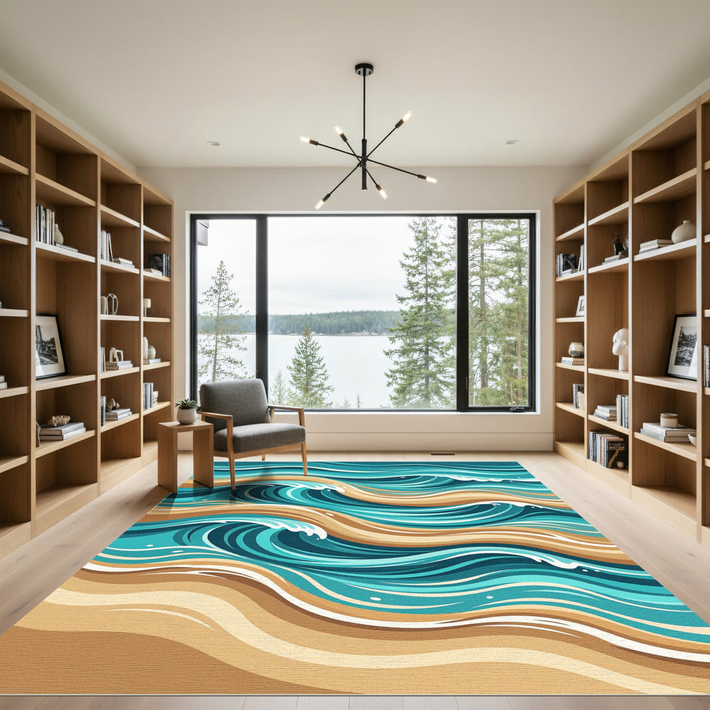 Abstract Teal and Sand Wave Rug