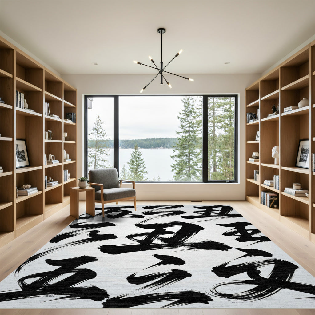 Monochromatic Black Brushstroke Ink Calligraphy Rug