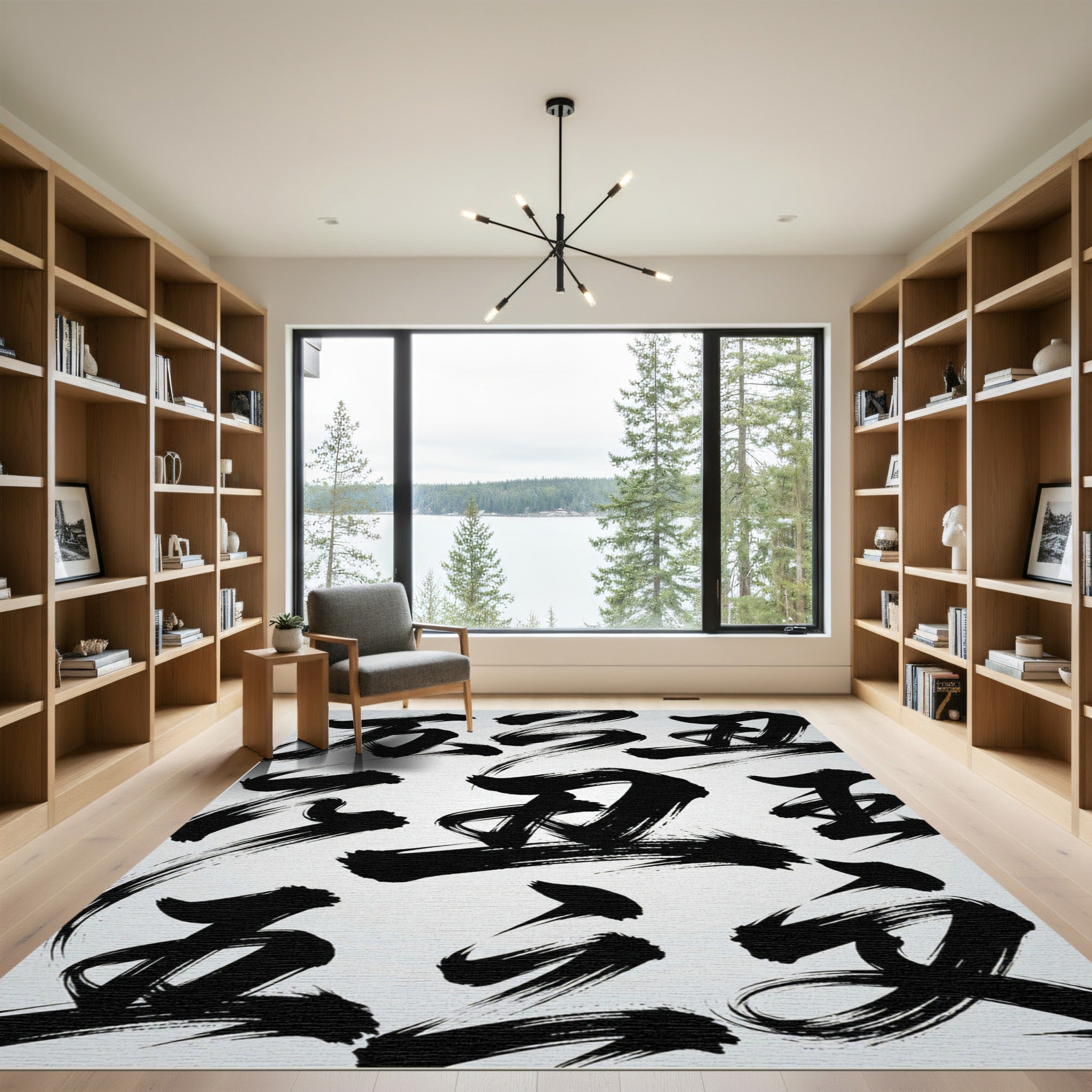 Monochromatic Black Brushstroke Ink Calligraphy Rug