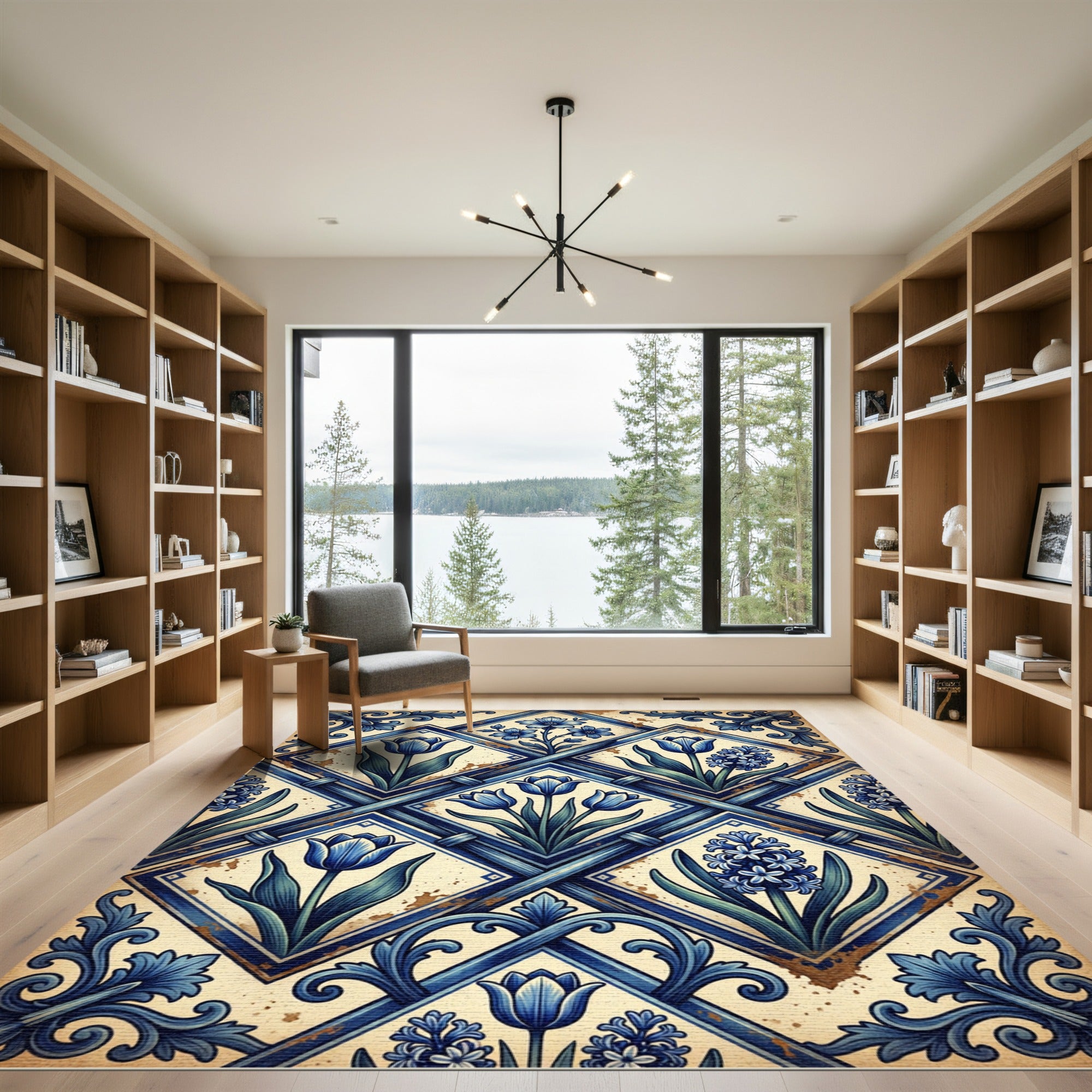 Vintage Blue Floral Diamond Arrangement Rug